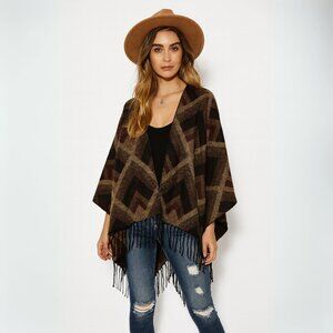 Tribal Arrow Geometric Blanket Ruana High-Low Open Front Poncho Wrap Brown NWT